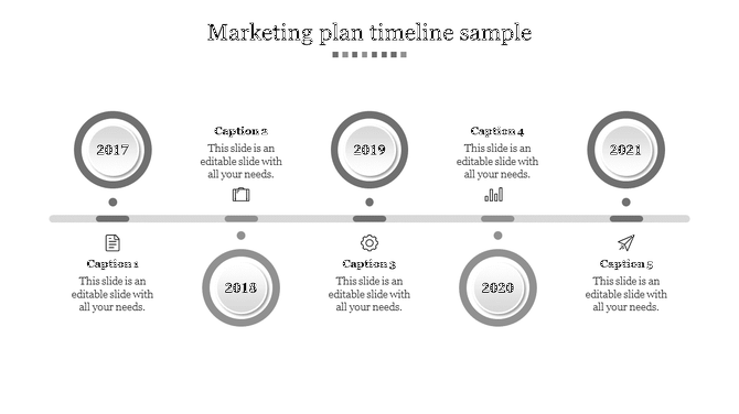 Timeline showing five circular gray milestones from 2017 to 2021, connected by a line, each with icon and  captions.