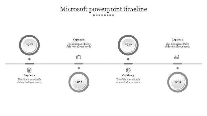 Microsoft timeline PPT slide with circular milestones from 2017 to 2020, featuring captions and grey icons for each year.