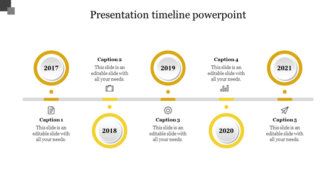 Horizontal timeline from 2017 to 2021 with circular yellow markers, a gray line, icons, and alternating caption areas.