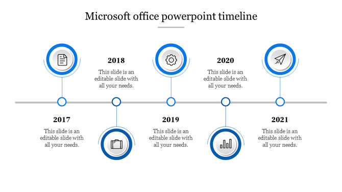 Horizontal timeline with milestones from 2017 to 2021, each featuring a blue circular icon and text fields.