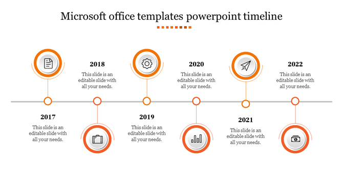 Microsoft Office slide featuring linear progression of milestones from 2017 to 2022, each with an orange icon and text area.