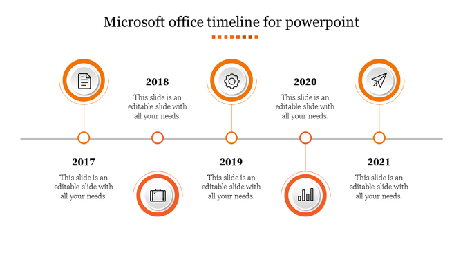 Orange-themed timeline with five circular markers for years 2017 to 2021, each with icons, connected by a gray line.