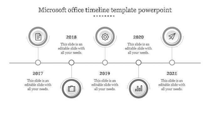 Monochrome horizontal timeline from 2017 to 2021 with icons, year labels, and a central gray line connecting milestones.