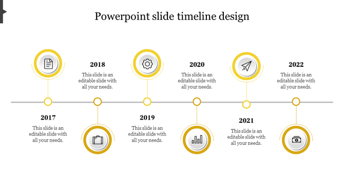Timeline PPT slide design with yellow accented circles from 2017 to 2022, featuring icons and placeholder text.
