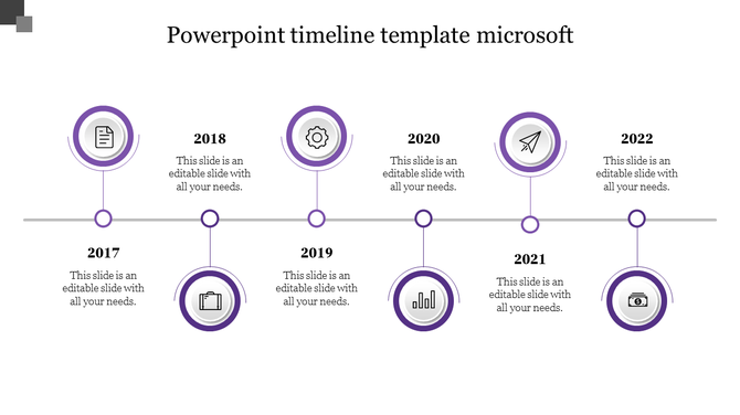 Timeline slide with six purple circular icons for years 2017 to 2022, each featuring a relevant icon and text placeholder.