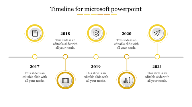 Elegant timeline PPT template with yellow highlighted circles from 2017 to 2021 and text placeholders on a white backdrop.
