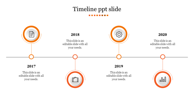 Timeline infographic with four circular orange icons representing year 2017 to 2020, connected by a line with text sections.