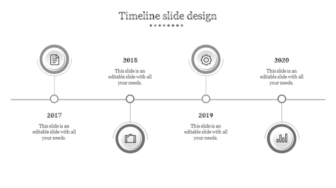 Gray toned timeline from 2017 to 2020 with circular icons, a horizontal line, and alternating milestone markers.