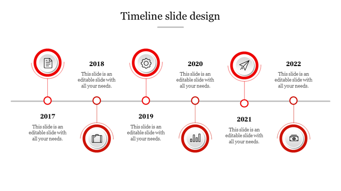 Bold red themed timeline with circular markers for 2017-2022, connected by a horizontal line with alternating text.