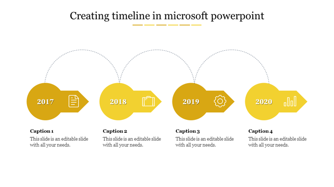 Timeline with four yellow circular icons, each representing a year, connected with dashed lines and arrows.