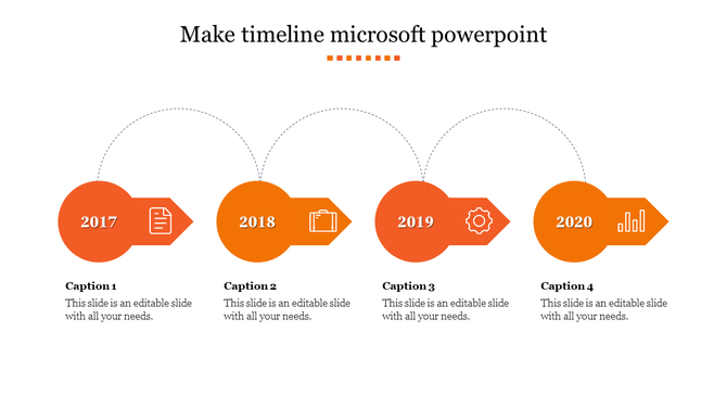 Horizontal timeline years 2017 to 2020, with orange arrows containing icons like a document, and graph, each followed by text.
