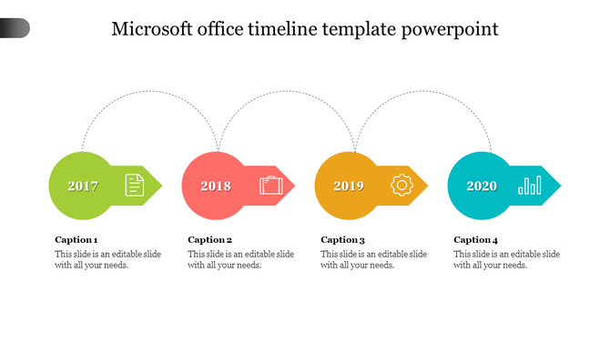Timeline design featuring four circular arrows in green, red, yellow, and blue, each containing a year and icon.