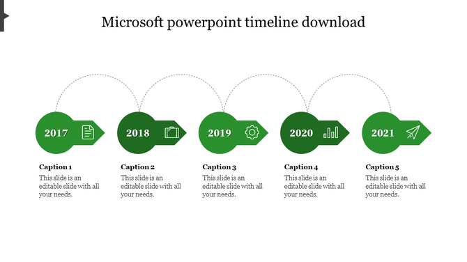 Horizontal timeline with five green arrows, representing years 2017 to 2021, each containing icons and captions areas.