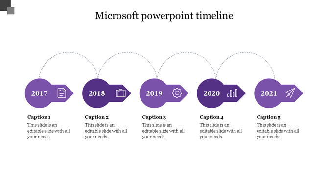 Purple themed Microsoft PowerPoint timeline with circular arrow model from 2017 to 2021, featuring icons and captions.