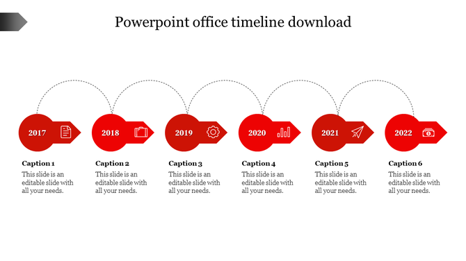 Timeline featuring six red arrows for the years 2017 to 2022, with icons and placeholders for custom text in each segment.