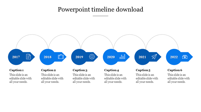 Timeline design in blue circles pired with directional arrows, with years 2017 to 2022, featuring icons and text below.
