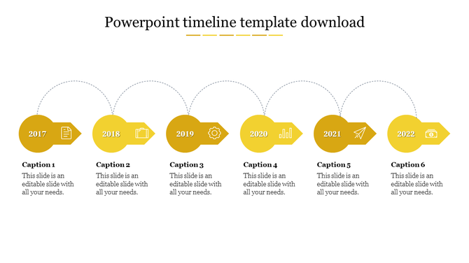 Yellow themed timeline template from 2017 to 2022, featuring icons and captions on a white backdrop.