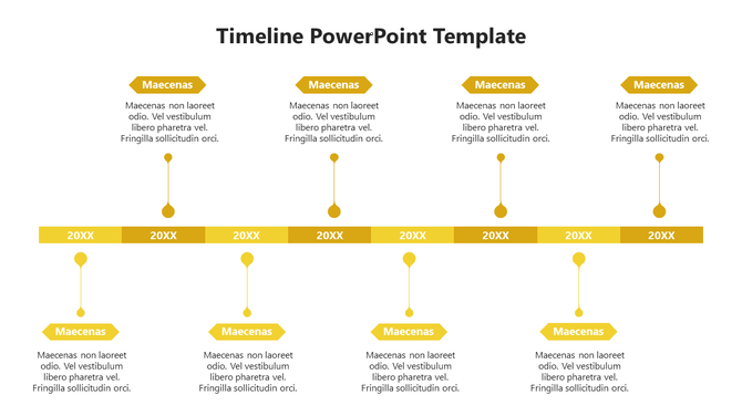 Yellow themed timeline PPT template with labeled years and descriptions in a structured format on a white backdrop.