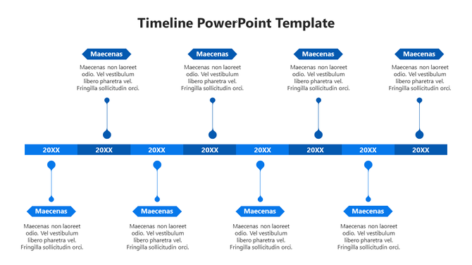 Horizontal timeline with eight blue year markers, each connected by vertical line, and placeholders for text below each year.