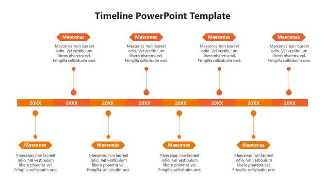 Orange themed timeline with eight arrow shapes connected by circular nodes, and year markers, with text placeholders.