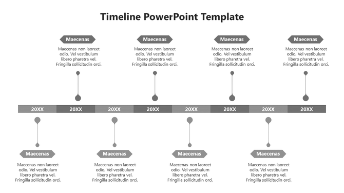Grey themed timeline PPT template with labeled years and descriptions in a structured format on a white backdrop.