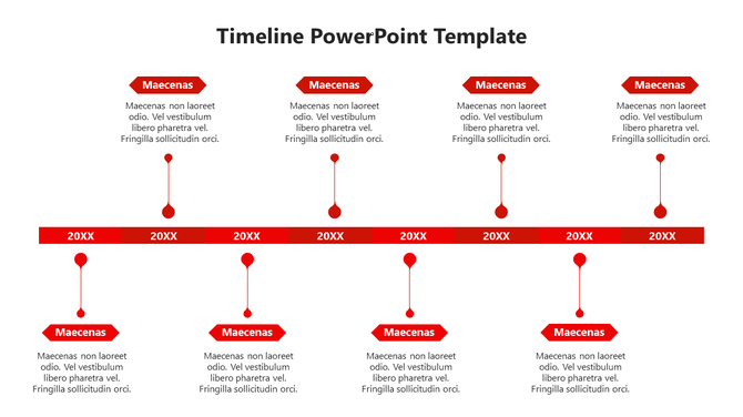 Red timeline design with eight year labels, circular connectors, and arrow shaped text boxes for notes.