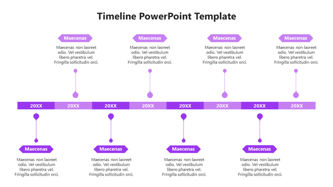 Timeline featuring eight purple year markers and editable caption areas with vertical connecting lines between each marker.