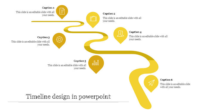 Winding yellow timeline with six tear drop points, each marked with icons and captions, creating a smooth flow.