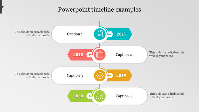 Four step timeline with colored year blocks and matching icons, each paired with white caption boxes on alternating sides.