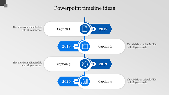Timeline with blue highlighted years in four rectangular boxes, connected by arrows and small icons, with captions.