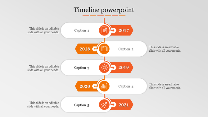 Simple vertical timeline PowerPoint design with years from 2017 to 2021 and descriptions with orange icons.