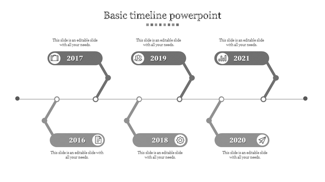 Zigzag timeline with six grey year blocks from 2016 to 2021, alternating above and below a central horizontal line.