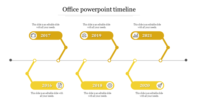 Six step office timeline with yellow diagonal connectors linking year blocks and icons across a straight grey baseline.