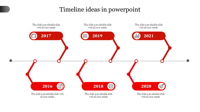 Red themed timeline PPT template featuring years from 2016 to 2021 with icons and placeholder text on a white backdrop.