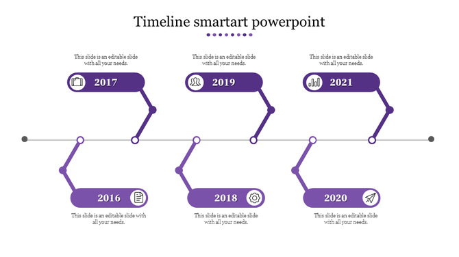 Purple zigzag timeline with six icon year blocks from 2016 to 2021, alternating above and below a horizontal grey line.
