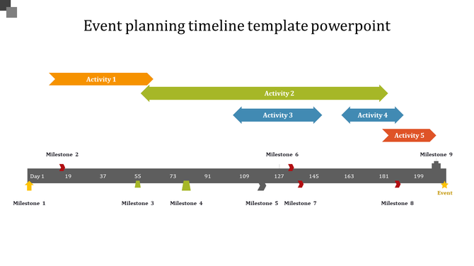Event planning timeline with a horizontal gray bar marking milestones and five colored arrows representing activities.
