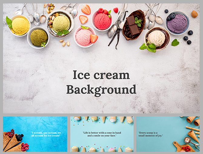 Ice cream background slides featuring an array of colorful ice cream scoops in bowls, accompanied by fresh fruits and spoons.