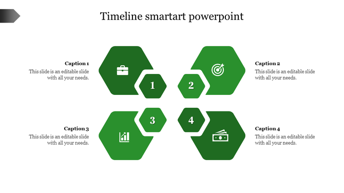 SmartArt timeline with green hexagons showing white icons and numbers, connected to captions on both sides.
