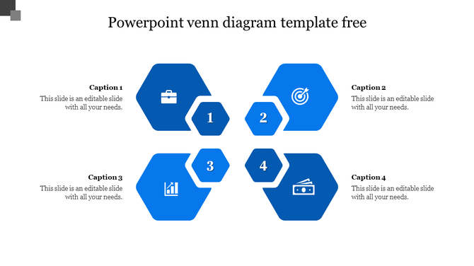 Blue hexagonal Venn diagram PowerPoint template with numbered steps and icons for business, target, growth, and finance.