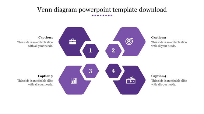 Purple Venn style layout showing four icons and numbers inside hexagons, with left and right caption areas for each step.