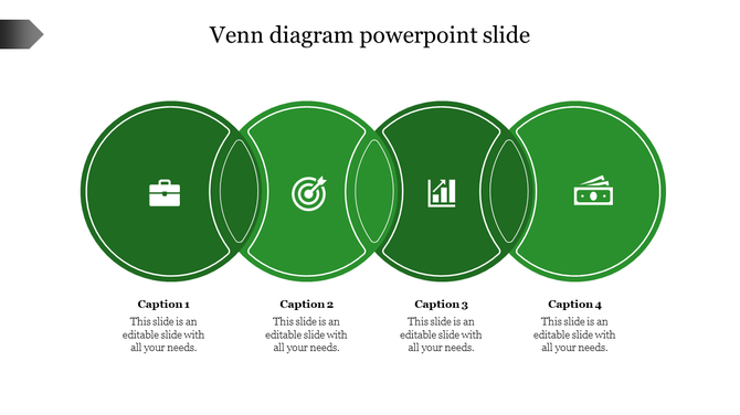 Four circle Venn diagram with icons for business, target, analytics, and finance, each with caption text.