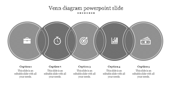 Horizontal Venn diagram with five overlapping grey circles showing icons for business, time, target, chart, and money.
