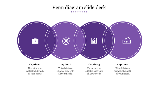 Series of four purple circles forming a venn diagram with icons in each section and a header on top.