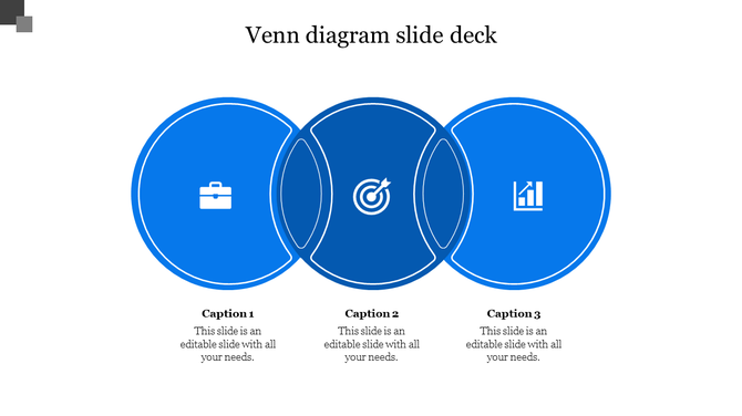 Three circle blue Venn diagram with icons for briefcase, target, and chart, and editable caption boxes below each segment.