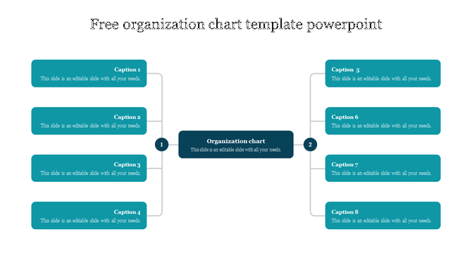 Organization chart template with dark blue central box connected to eight teal caption boxes, four on each side.