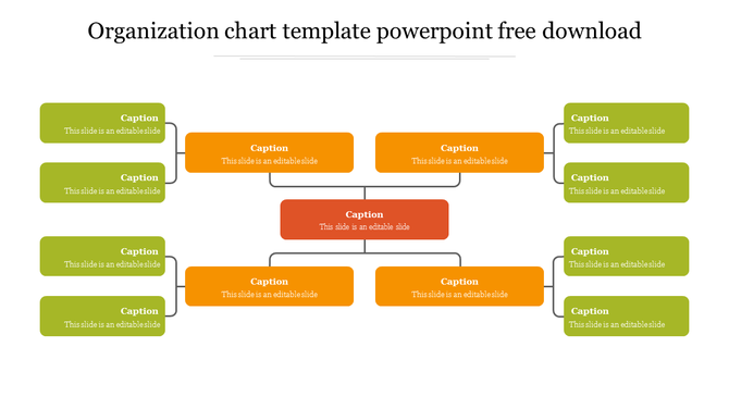 Organization chart template featuring a hierarchical structure with orange, green, and red boxes connected by lines.