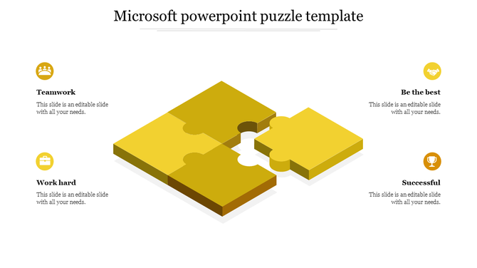 Puzzle infographic with a missing piece, featuring four yellow icons for teamwork, hard work, success, and excellence.