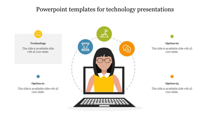 PowerPoint slide with a female character in front of a laptop, surrounded by icons related to technology with placeholder text.
