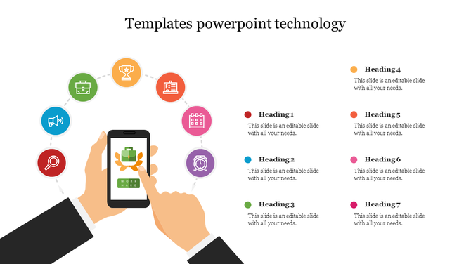 Illustration of hands holding a smartphone with colorful circular icons representing technology in a semi circle layout.