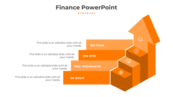Finance template with four orange blocks shaped like a staircase, ended with an arrow, each labeled with icons and text.